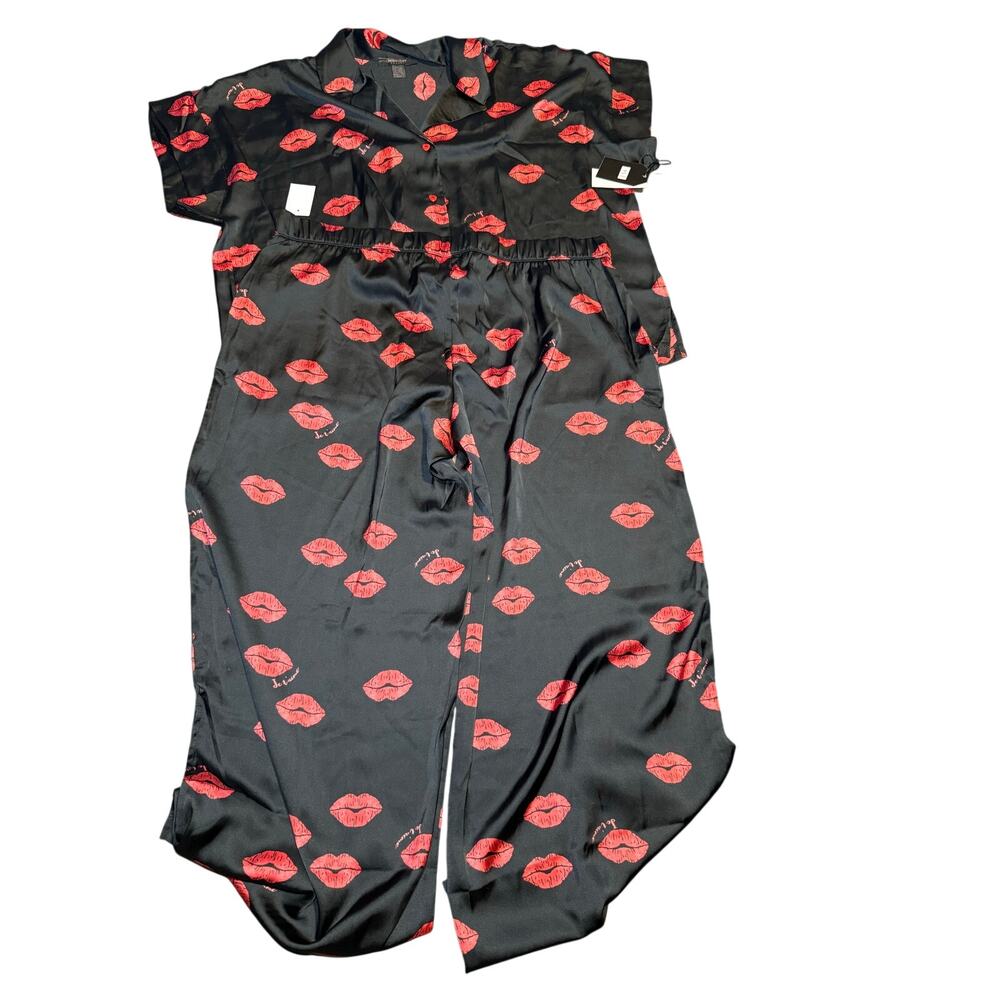 Midnight Bakery Kiss Print Satin Long Pajama Set, Black Red, Women's XL, NWT - Picture 2 of 11